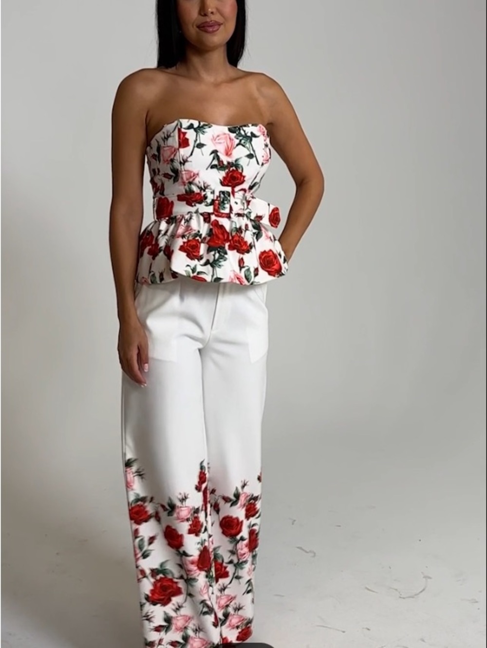 AKIRA Rose Print Peplum Strapless Top & Wide Leg Pant Set w/free necklace